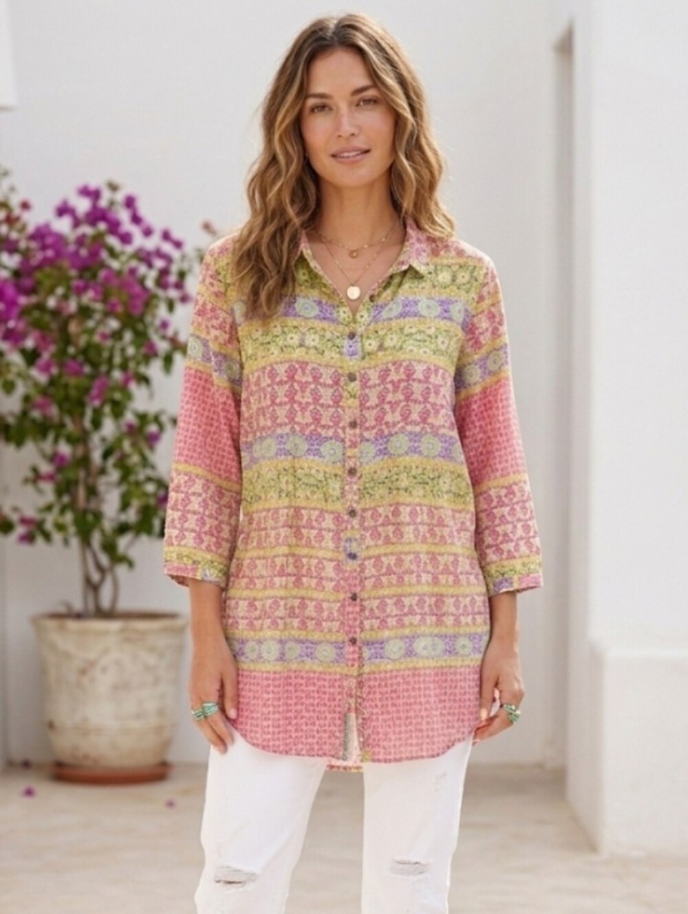 Aratta Silent Journey Boho Mixed Print Tunic Button Down Shirt Oversized Medium